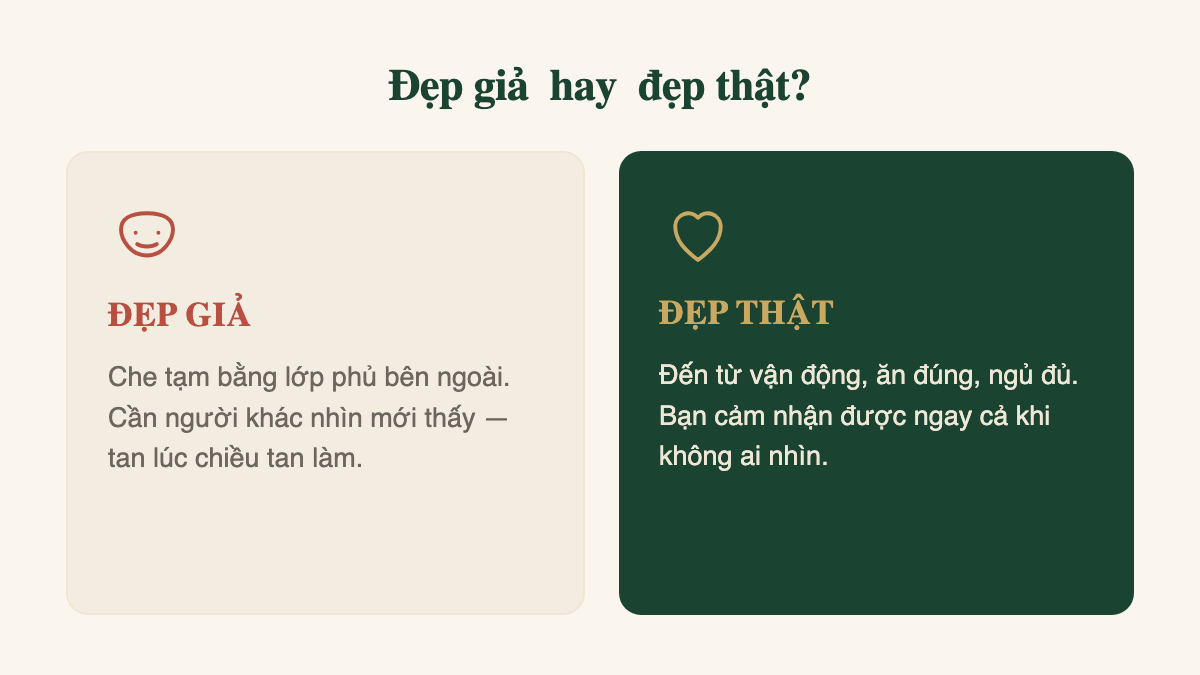 Đẹp giả là che tạm bằng lớp phủ bên ngoài; đẹp thật đến từ vận động, ăn đúng, ngủ đủ